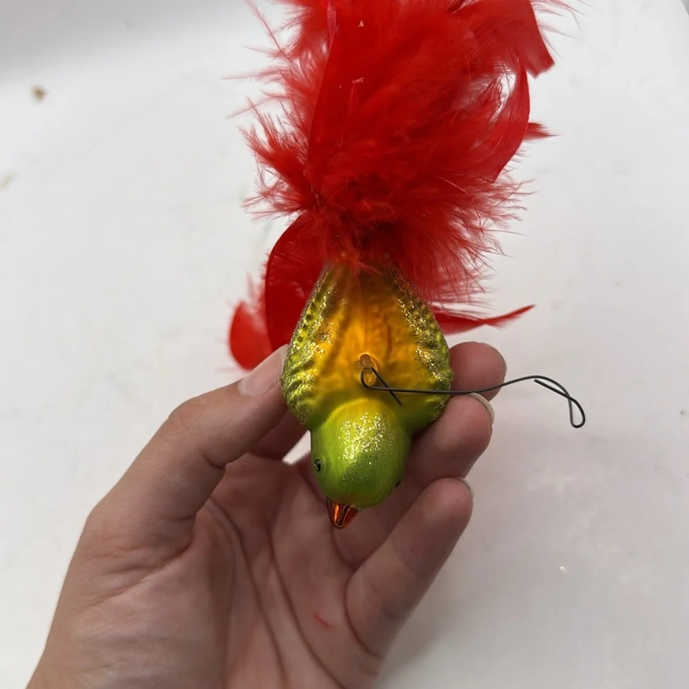 Vintage Red Feathered Bird Glass Ornament Collectible Decor Christmas